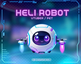 May include: A digital illustration of a white and blue Heli Robot, a UTUBER/PET, with a smiling face and two propellers. The robot has purple and blue accents and is set against a gradient background.