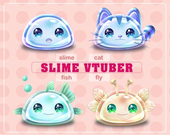 May include: Four cartoon slime characters with different animal features. The slime characters are a cat, a fish, a fly, and a basic slime. The slime characters are all in a transparent bubble with a pink background.