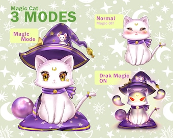 May include: A white cat wearing a purple witch hat with a small mouse on top. The cat is sitting on a purple cushion with stars and a gold trim. The cat has yellow eyes and a crescent moon on its forehead. The background is a light green with white stars. The text "Magic Cat 3 MODES" is at the top of the image. The text "Magic Mode" is in a yellow box to the left of the cat. The text "Normal Magic Off" is in a yellow box to the right of the cat. The text "Drak Magic ON" is in a yellow box below the cat on the right.