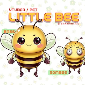Könnte beinhalten: Illustration von zwei Cartoon-Bienen, einer "LITTLE BEE" und einer "ZOMBEE". Die "LITTLE BEE" ist gelb und schwarz mit großen Augen und Flügeln. Die "ZOMBEE" hat ein zombieartiges Aussehen mit einem ähnlichen Design.