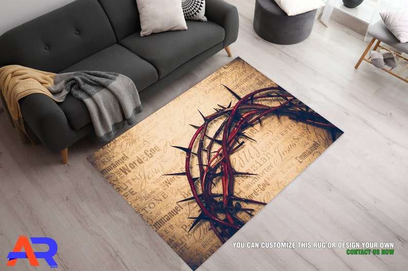 Christian Rugs, Crown of Thorns Area Rug, Religious Artwork Rugs, Brown