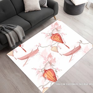 Asian Paper Lanterns And Boats Rug, Pastel Pink And White Area Rugs, Cherry Blossom Rug, Pink Chinoiserie Area Rugs, Oriental Rugs