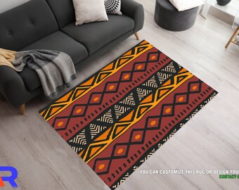 May include: A rectangular area rug with a geometric pattern in shades of red, black, and yellow. The rug features repeating diamond and zigzag designs. The text "YOU CAN CUSTOMIZE THIS RUG OR DESIGN YOUR OWN. CONTACT US NOW" is visible.