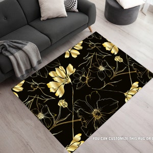 Black And Gold Rug, Floral Accent Rug, Black Area Rug, Customized Rug, Black Floral Rug, Black And Gold Area Rug, Black And Gold Floral Rug