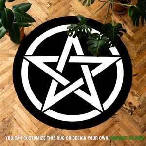 Tappeto soprannaturale, trappola del diavolo, tappeto con simbolo del pentacolo, tappeto rotondo con motivo pentagramma, tappeto di Satana, Halloween, Pentagramma bianco su tappeto nero
