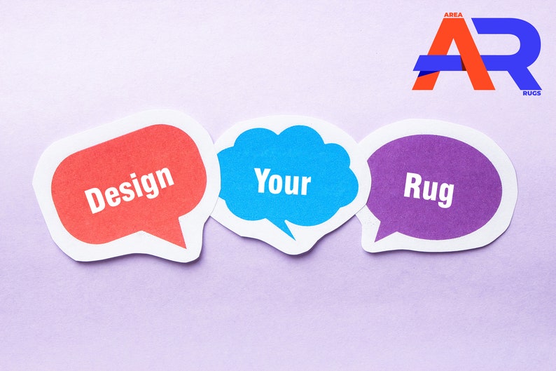 May include: Three speech bubbles on a purple background. The first bubble is red and says "Design". The second bubble is blue and says "Your". The third bubble is purple and says "Rug".