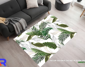 Botanical Rugs, Green White And Black Area Rugs, Line Art Rug, Tropical Leaves On White Area Rug, Palm Leaf Rugs