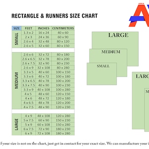 May include: A chart showing different sizes of rectangular and runner rugs in feet, inches, and centimeters. The chart is divided into three categories: small, medium, and large. Each category has a different color and is labeled with the corresponding size. The chart is on a green background with a white border.