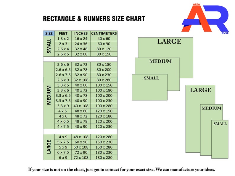 May include: A chart showing different sizes of rectangular and runner rugs in feet, inches, and centimeters. The chart is divided into three categories: small, medium, and large. Each category has a different color and is labeled with the corresponding size. The chart is on a green background with a white border.