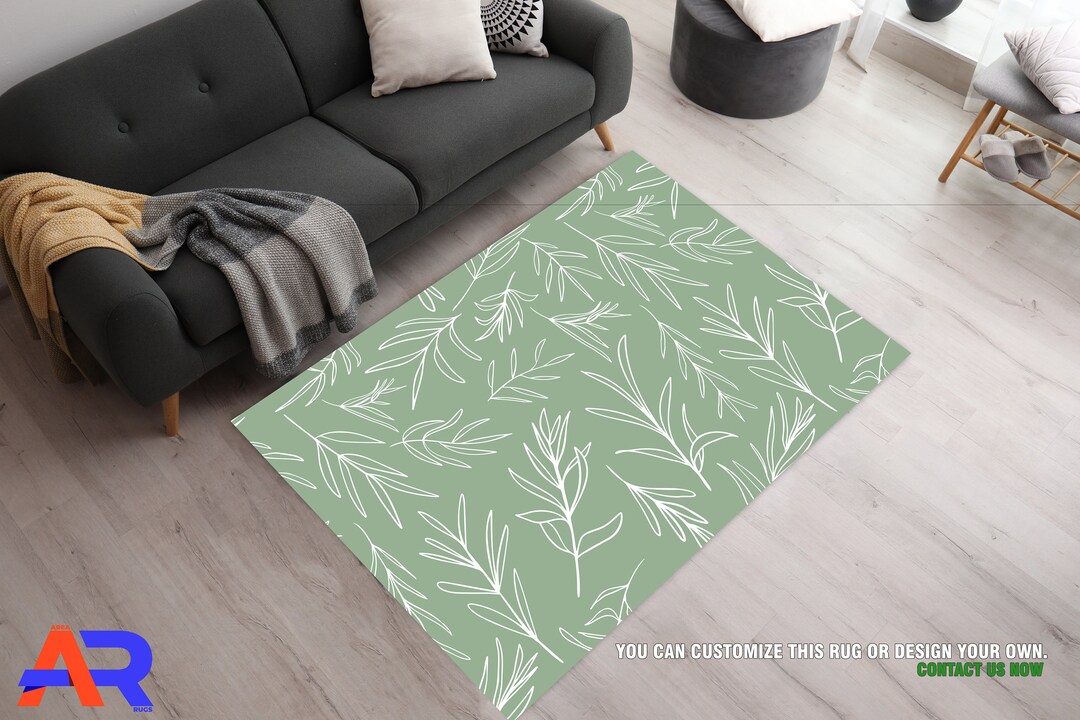 Sage Green Rugs, Olive and White Area Rugs, Leaf Rug, White Vector