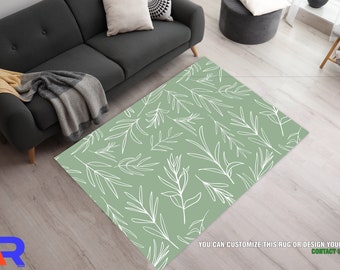 Sage Green Rugs, Olive And White Area Rugs, Leaf Rug, White Vector Leaves On Green Area Rug, Botanical Rugs