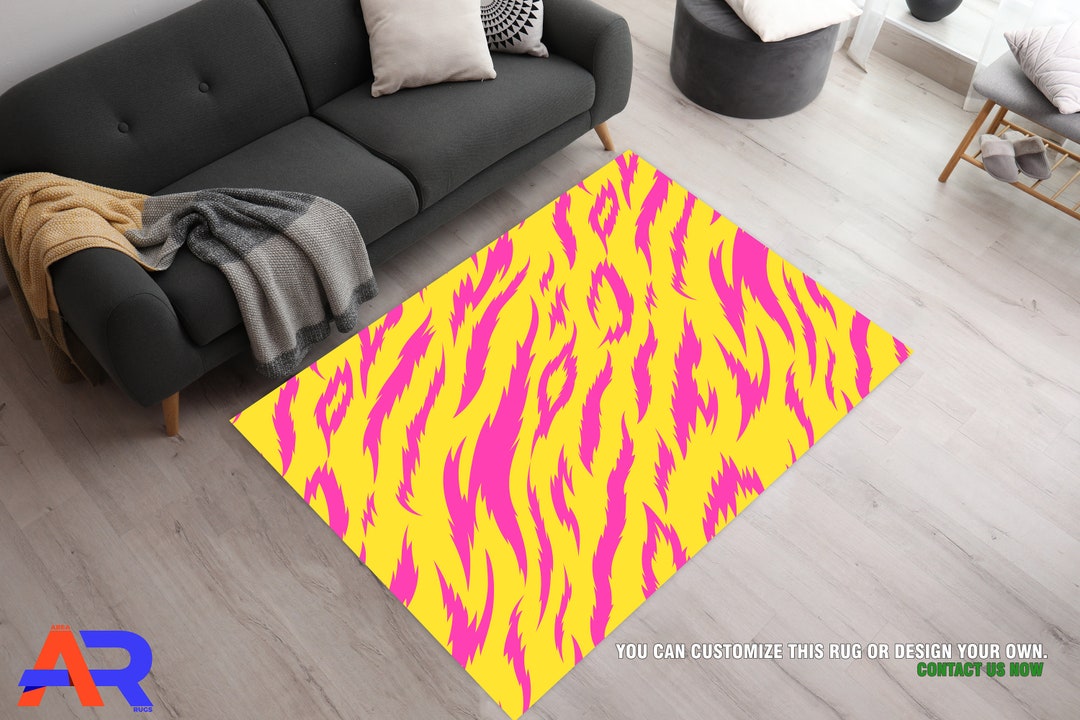 Yellow Pink Area Rugs, Animal Fur Pattern Area Rugs, Bold Colorful Rug