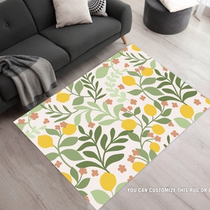 Lemon Rugs, Blue Green And Yellow Area Rugs, Fruit Rug, Hand Drawn Lemons And Flower Area Rug, Tropical Rugs