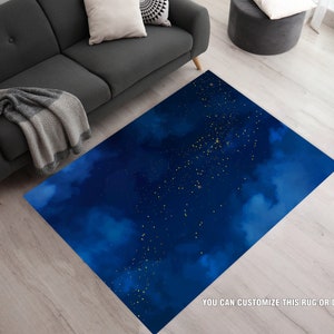 Sky Rugs, Navy Blue Carpets, Stars And Clouds Area Rug, Clouds Theme Living Room Home Decor, Dark Blue Watercolor Floor Mats