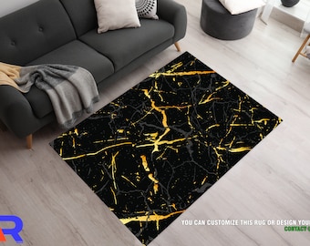 Black And Gold Rug, Marble Area Rug, Contemporary Area Rug, Black With Matte Gold Veins Area Rug, Black Rugs For Living Room