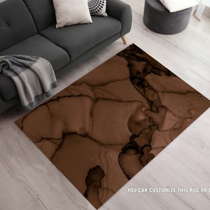 Liquid Dark Brown Print Rug, Chocolate Brown Area Rugs, Hickory Abstract Rug, Brown Abstract Area Rugs, Liquid Marble Effect Rugs