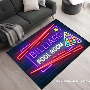 Billiards Club Area Rug, Retro Billiards Pool Room Rug, Snooker Room Rug, Neon Design Rug, Billiards Player Gift, Retro Rug,Game Room Carpet