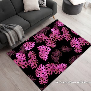 Fuchsia Rugs, Dark Tropical Leaf Carpets, Botanical Theme Floor Mats, Pink Monstera Leaves Carpets, Office Dorm Room Home Decor