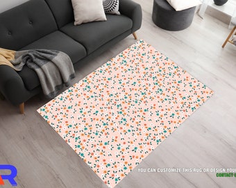 Pink Floral Area Rugs, Spring Rugs, White And Coral Pink Area Rugs, Leaf Print Rug, Pastel Pink Flower Vines Rug