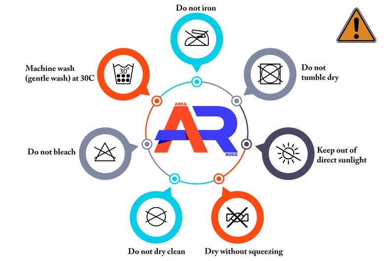 May include: A diagram with a circle in the center that says "AREA AR RUGS" with six circles around it. Each circle has a different laundry care symbol and text. The symbols include: machine wash at 30 degrees Celsius, do not bleach, do not iron, do not tumble dry, do not dry clean, and dry without squeezing. The text also includes "Keep out of direct sunlight".