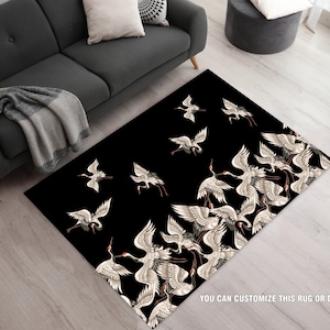 Bird Design Carpet, Japanese Restaurant Rug, Cranes Design Rug, Japanese Style Rug, Japanese White Cranes Area Rug, Japanese Cafe Decor Rug