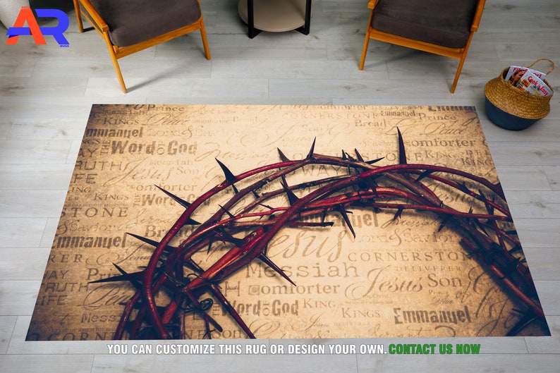 Christian Rugs, Crown of Thorns Area Rug, Religious Artwork Rugs, Brown
