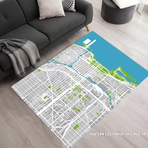 Tapis carte, Tapis carte Chicago, Tapis de ville, Tapis moderne, Tapis noir et bleu, Tapis minimalistes, Tapis carte, Tapis de salon sympas