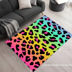 Neon Rainbow Colored, Multi Coloured Rug, Living Room Rugs, Leopard Print Area Rugs, Leopard Print Rug, Rainbow Carpet, Leopard Print Decor