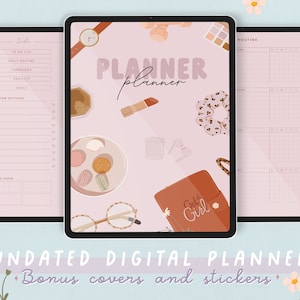 May include: A digital planner with a pink background and a variety of illustrations, including a makeup palette, a coffee cup, and a pair of glasses. The planner includes sections for to-do lists, daily routines, and goals. The text "PLANNER planner" is written in a playful font.