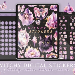 May include: A set of digital witchy stickers featuring illustrations of an owl, a cat, a witch, a crystal, a butterfly, and a hat. The stickers are in a watercolor style with purple, pink, and gold accents. The text "Witchy Stickers" is featured in the center of the image.