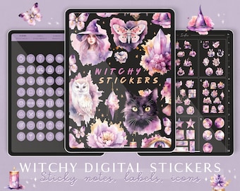 Witchy digital planner stickers, Goodnotes digital sticker book, Good notes stickers, Witchy png, Watercolor goth stickers