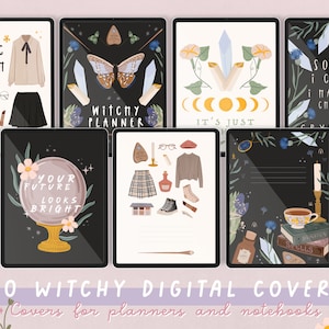 May include: 40 digital planner covers with a witchy theme. The covers feature illustrations of crystals, moons, butterflies, candles, and other magical elements. The text on the covers includes phrases like "Basic Witch", "Witctty Planner", "Your Future Looks Bright", "It's Just", and "Sorry I Can't I Have To Charge My Crystals".
