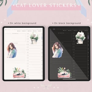 May include: Two digital planner pages featuring cat-themed stickers. The left page has a white background and the right page has a black background. The stickers include a girl holding a cat, a cat in a pot, and a cat on a sofa.