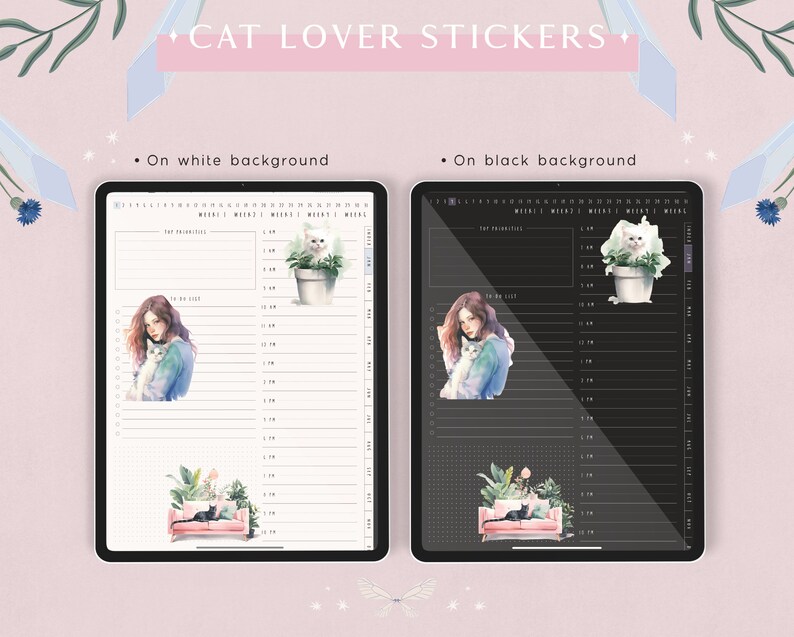 May include: Two digital planner pages featuring cat-themed stickers. The left page has a white background and the right page has a black background. The stickers include a girl holding a cat, a cat in a pot, and a cat on a sofa.
