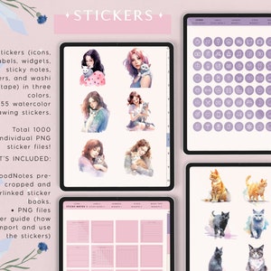 May include: A digital planner sticker pack with 315 icons, labels, widgets, sticky notes, numbers, and washi tape in three colours. It also includes 55 watercolour drawing stickers and a total of 1000 individual PNG sticker files. The pack includes 2 GoodNotes pre-cropped and hyperlinked sticker books, PNG files, and a user guide on how to import and use the stickers.