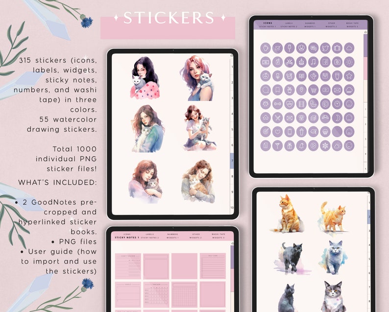 May include: A digital planner sticker pack with 315 icons, labels, widgets, sticky notes, numbers, and washi tape in three colours. It also includes 55 watercolour drawing stickers and a total of 1000 individual PNG sticker files. The pack includes 2 GoodNotes pre-cropped and hyperlinked sticker books, PNG files, and a user guide on how to import and use the stickers.