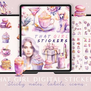 May include: A digital sticker set with a watercolor theme. The stickers feature a variety of images, including a cup of coffee, a cupcake, a macaron, a gift box, a lipstick, a candle, a poodle, a woman, and a martini glass. The text "That Girl Stickers" is featured on the image.