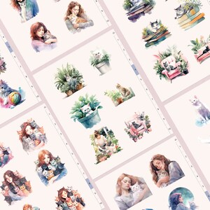 May include: Watercolour illustrations of women and cats in various poses. The illustrations feature a variety of colours, including pink, blue, green, and yellow. The illustrations are perfect for scrapbooking, card making, and other craft projects.