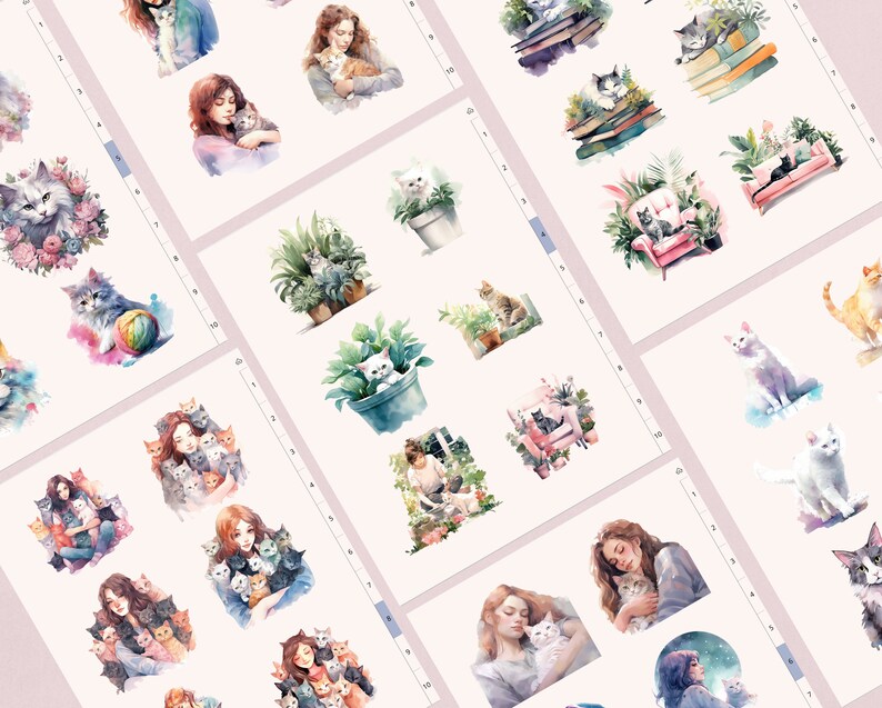 May include: Watercolour illustrations of women and cats in various poses. The illustrations feature a variety of colours, including pink, blue, green, and yellow. The illustrations are perfect for scrapbooking, card making, and other craft projects.