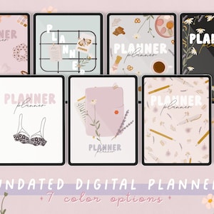 Pode incluir: Sete capas de planejador digital com diferentes designs florais e abstratos. As capas apresentam o texto "PLANNER planner" em uma fonte em negrito e colorida. As capas são exibidas em um fundo rosa com flores.