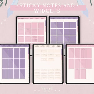 May include: Four digital screens displaying different layouts of sticky notes and widgets. The screens are on a pink background with white stars and blue crystals.