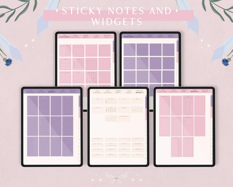 May include: Four digital screens displaying different layouts of sticky notes and widgets. The screens are on a pink background with white stars and blue crystals.