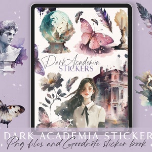 May include: A digital planner sticker pack with a dark academia theme. The stickers feature a variety of images, including a bust of a man, a butterfly, a feather, a candle, a house, a key, and a woman with long hair. The stickers are in a watercolor style and have a dark and moody aesthetic.