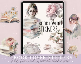 May include: A digital sticker pack for Goodnotes featuring watercolour illustrations of books, flowers, and a woman reading. The text "Book Lover Stickers" appears in the image.