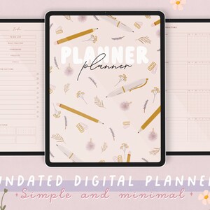 May include: A digital planner template on a tablet screen with a pink background and a pattern of pencils, pens, paper clips, and flowers. The text "PLANNER planner" is in the center of the screen. The template includes sections for to-do lists, daily routines, and note paper.