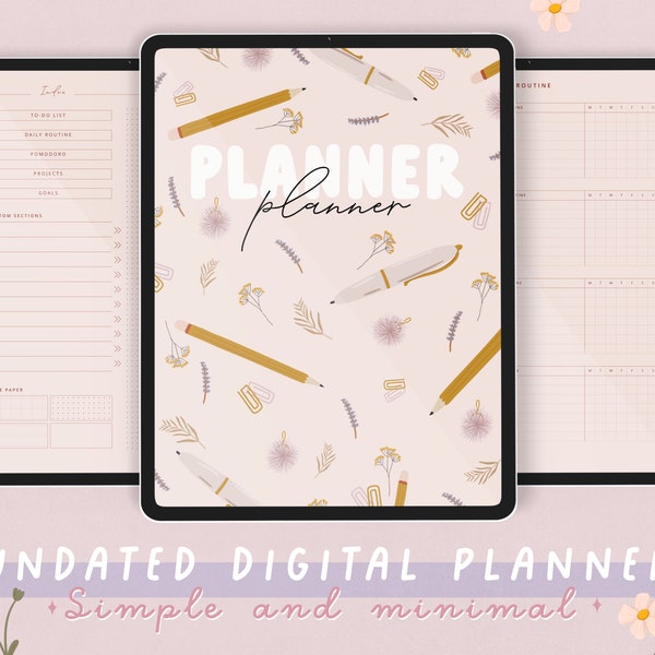 Undated digital planner GoodNotes | Cute and simple ipad planner | Digital notebook covers and everyday stickers | good notes planner