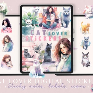 May include: Digital stickers featuring watercolor illustrations of cats and women. The stickers are labeled "Cat Lover Stickers" and are perfect for adding a touch of whimsy to your digital planner, notes, or social media posts.