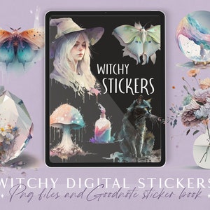 Witchy digitale Sticker, Goodnotes digitales Stickerbuch, Goodnotes Sticker, Witchy png, Aquarell Goth Sticker