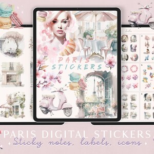 May include: A digital sticker set featuring watercolor illustrations of Parisian landmarks, cafes, and macarons. The set includes a scooter, Eiffel Tower, and floral designs. The text "PARIS STICKERS" is displayed on the image.