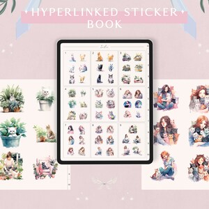 May include: A digital planner page with a grid of watercolour illustrations of cats and girls. The illustrations are in shades of pink, blue, and green. The planner page is labelled "Hyperlinked Sticker Book".
